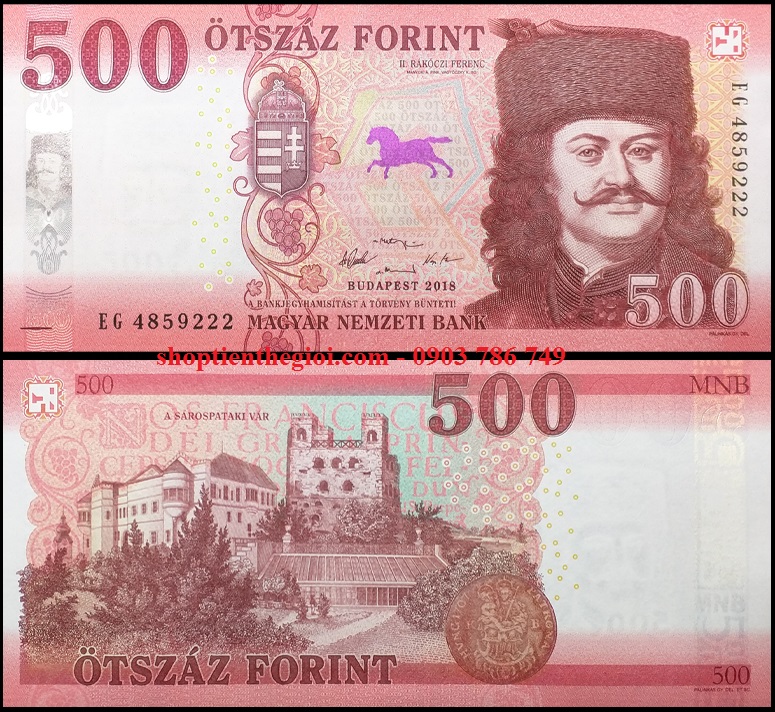 Ngân hàng Ngân hàng quốc gia Hungary Mã số SP000872 Tiền tệ Forint Mệnh giá 500 Ngày phát hành 2018 Ngày thu hồi Kiểu Đang lưu hành Chất liệu Giấy Chiều rộng ( mm) 154 Chiều cao ( mm) 70 Mặt trước Quốc huy, Ferenc Rakoczi là một nhà quý tộc Hungary và lãnh đạo cuộc nổi dậy của Hungary chống lại Habsburg vào năm 1703-11 với tư cách là hoàng tử của Estates Liên minh cho Tự do của Vương quốc Hungary Mặt sau Lâu đài Sárospatak Nhà in Bảo An hình mờ Rakoczi Ferenc